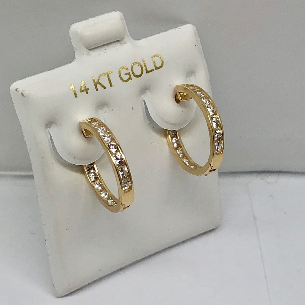 14k Solid White/Yellow Gold CZ Huggie Earrings